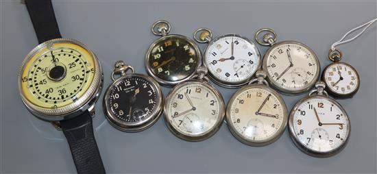 A NATO issue divers watch, seven assorted pocket watches including Jaeger military and a fob watch - see online list